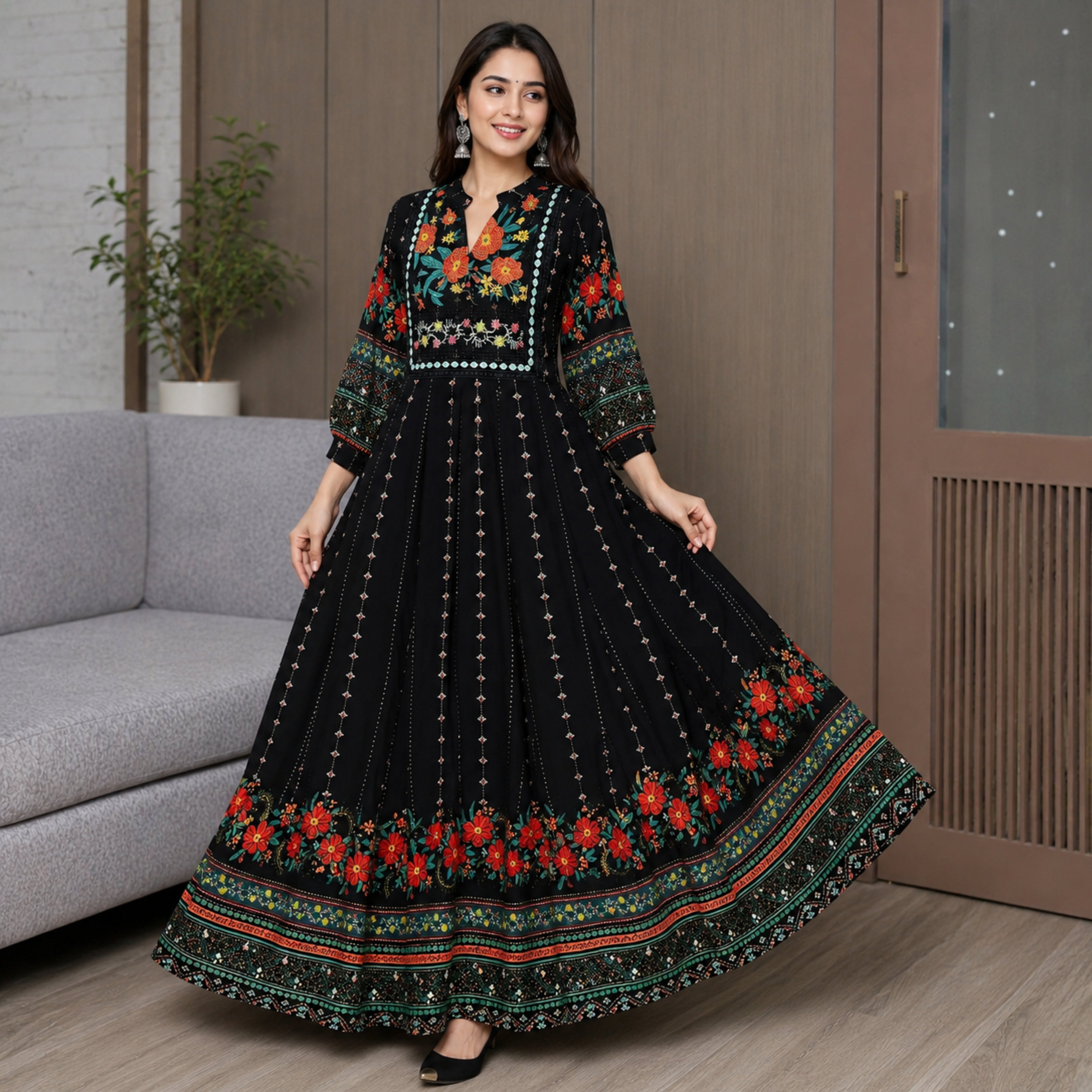 Women's Bohemian Ethnic Print Maxi Dress with Flowing Hem | B-03