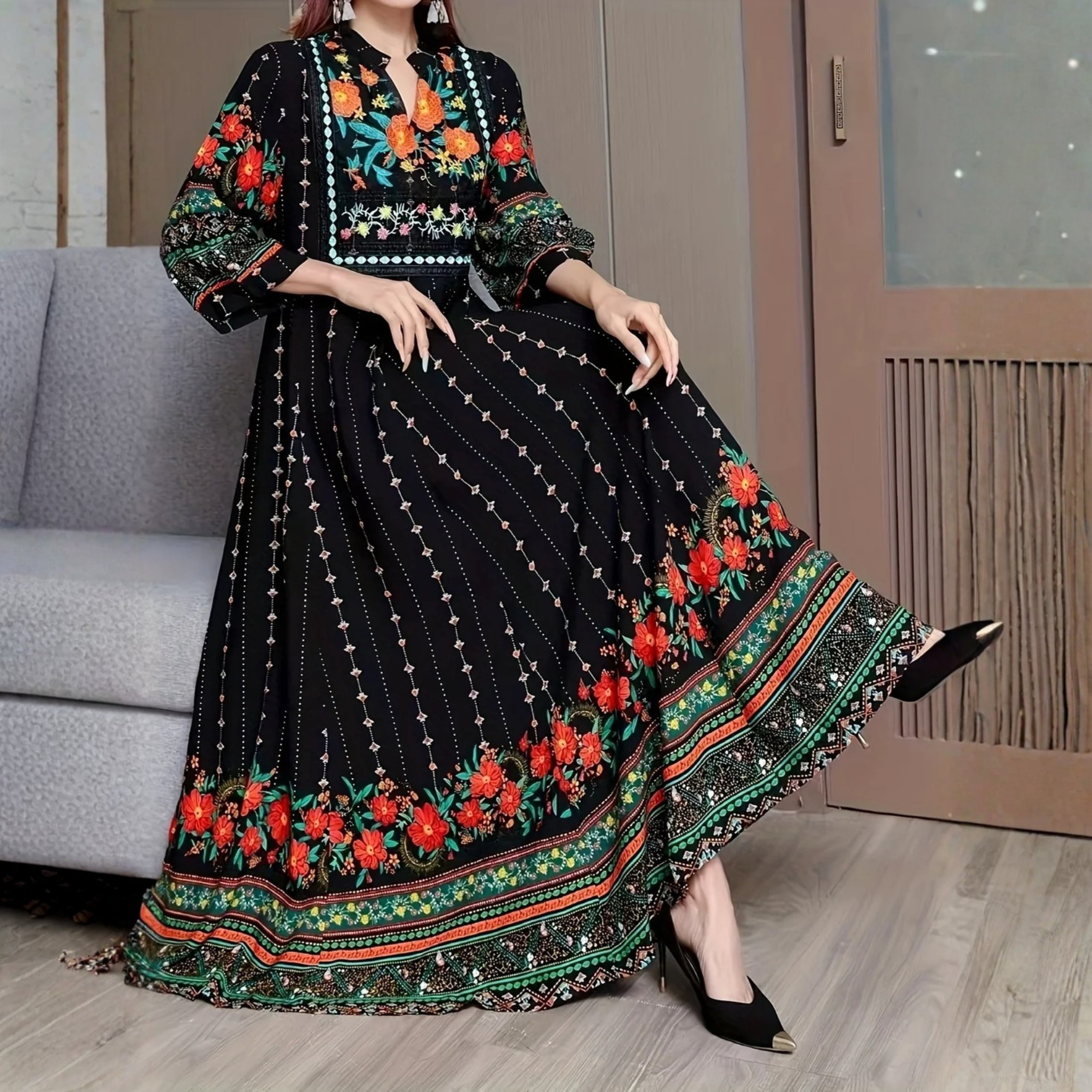 Women's Bohemian Ethnic Print Maxi Dress with Flowing Hem | B-03