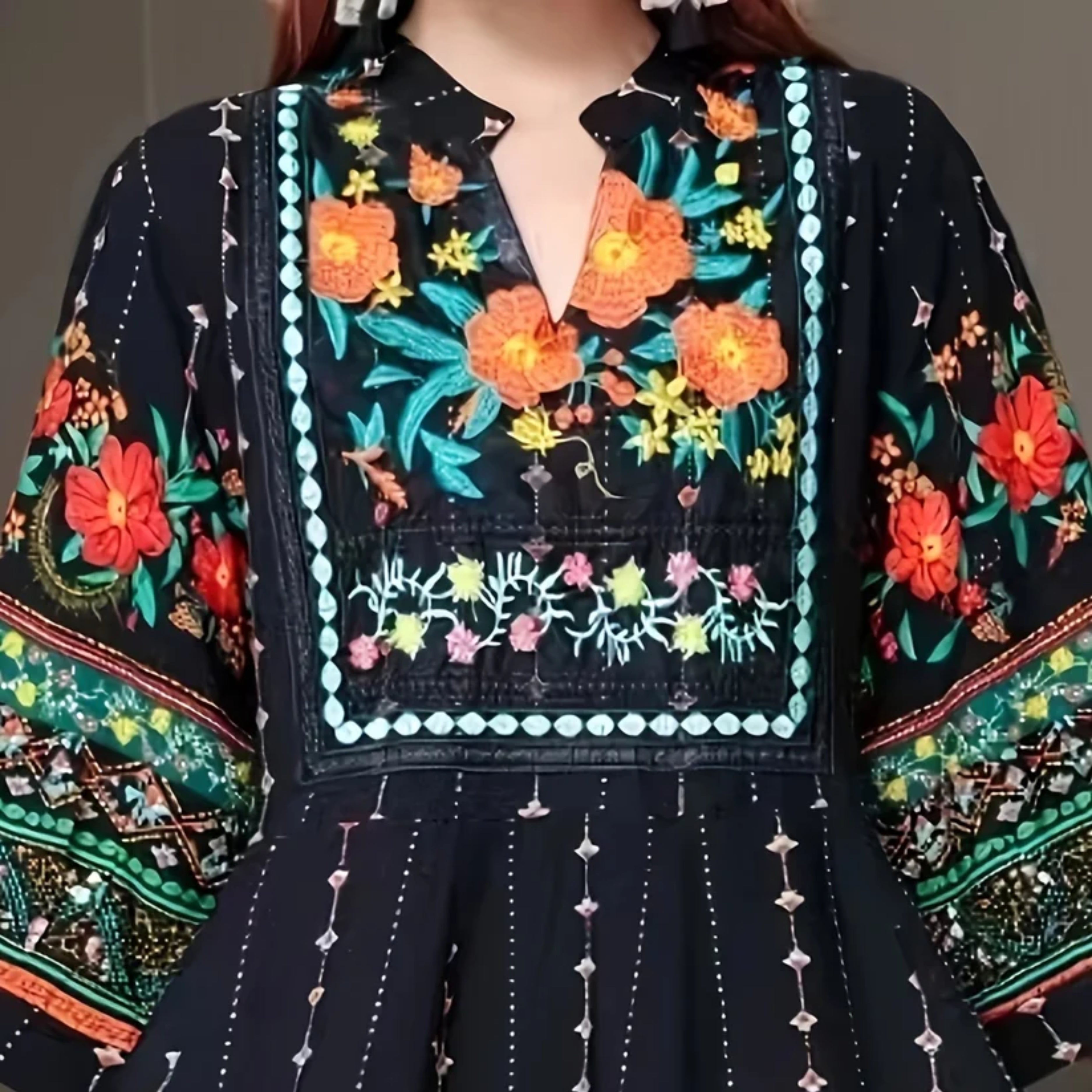 Women's Bohemian Ethnic Print Maxi Dress with Flowing Hem | B-03