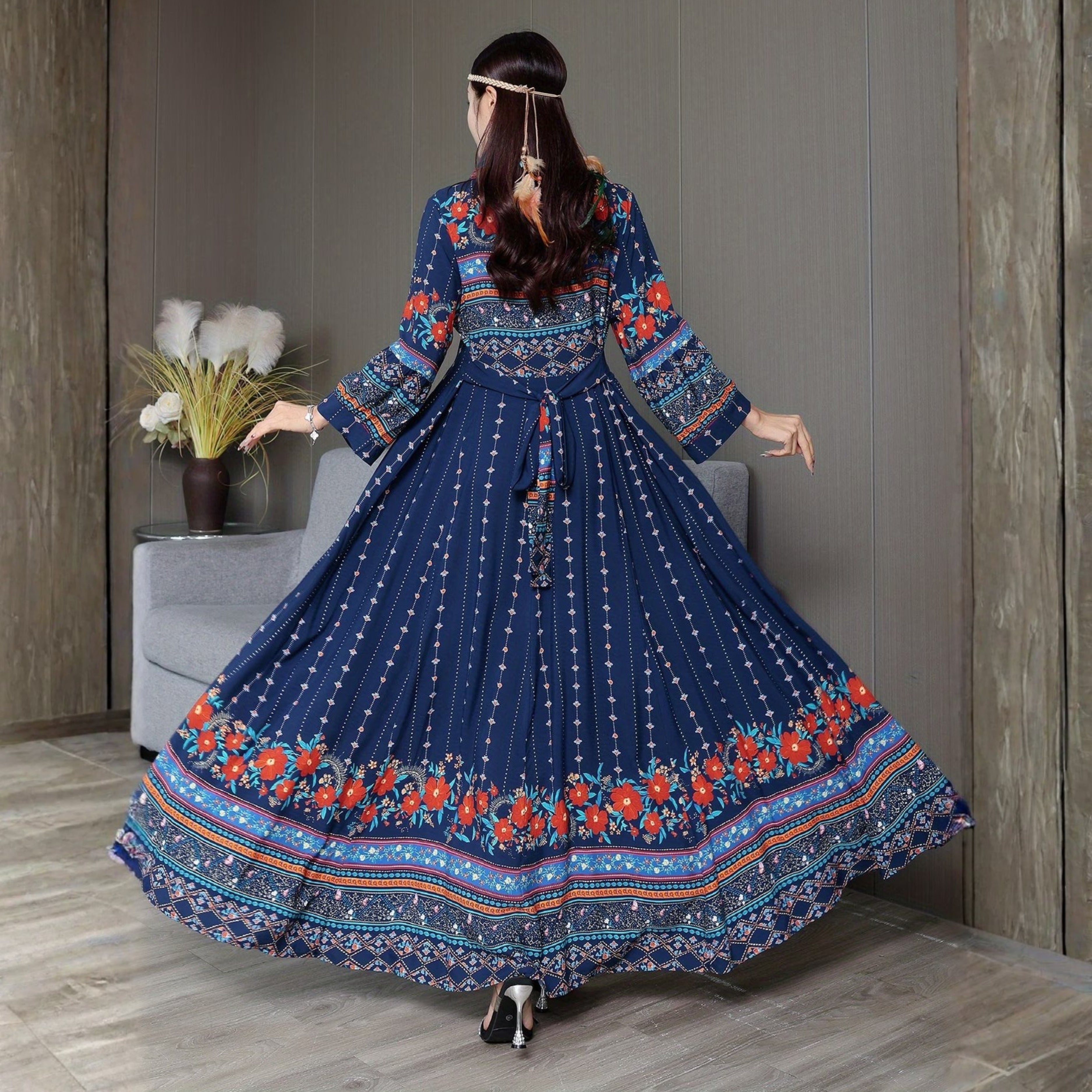 Women's Bohemian Ethnic Print Maxi Dress with Flowing Hem | B-04