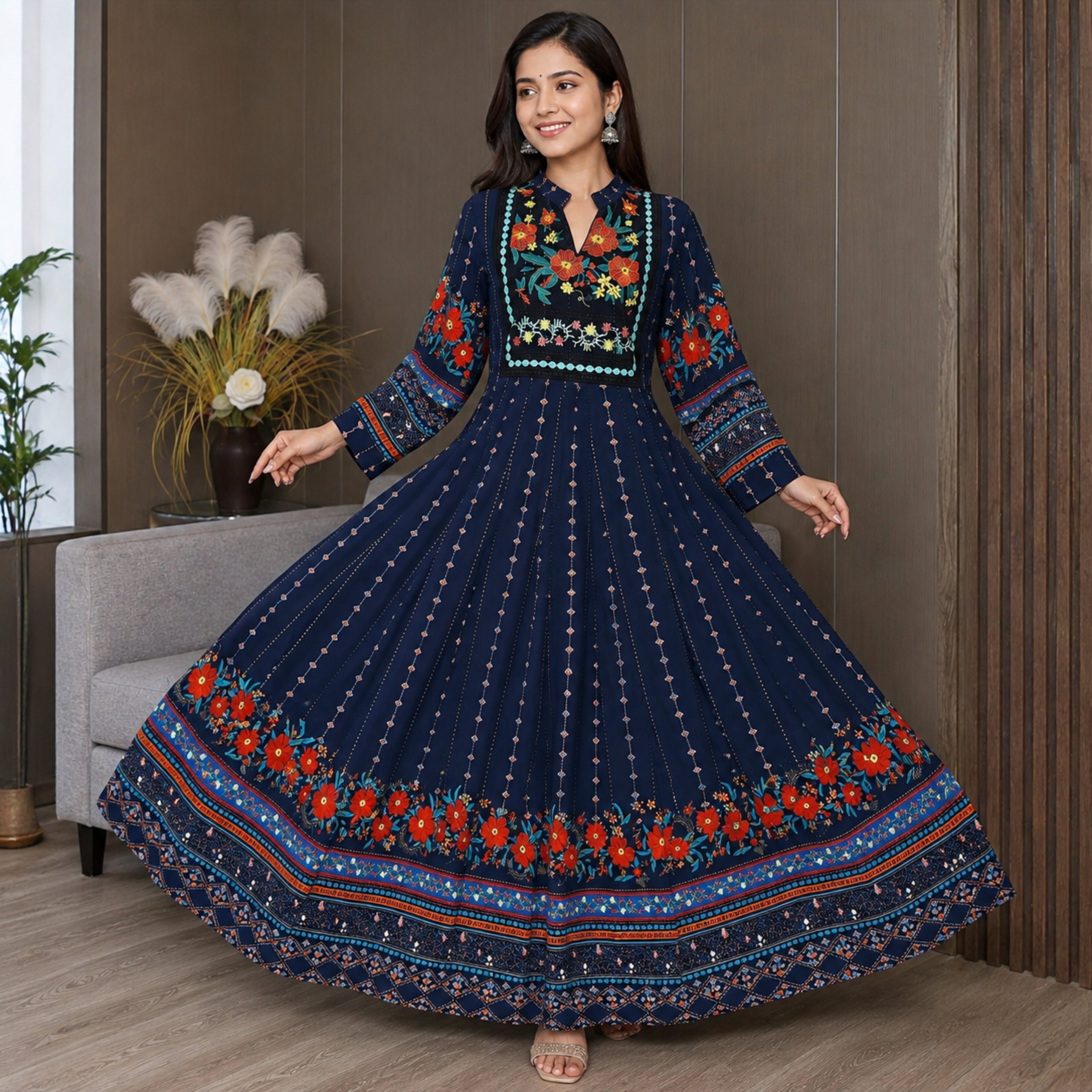 Women's Bohemian Ethnic Print Maxi Dress with Flowing Hem | B-04