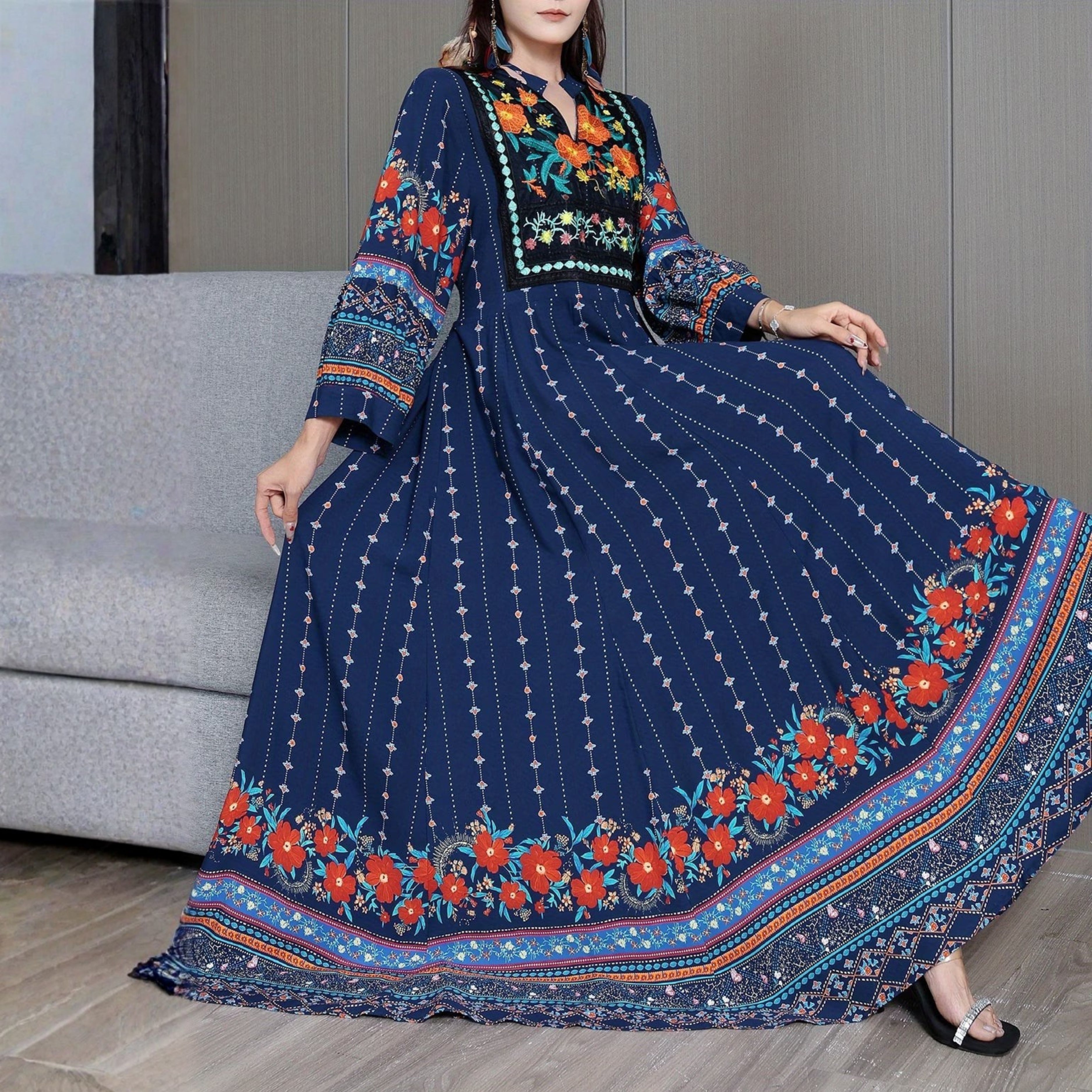 Women's Bohemian Ethnic Print Maxi Dress with Flowing Hem | B-04