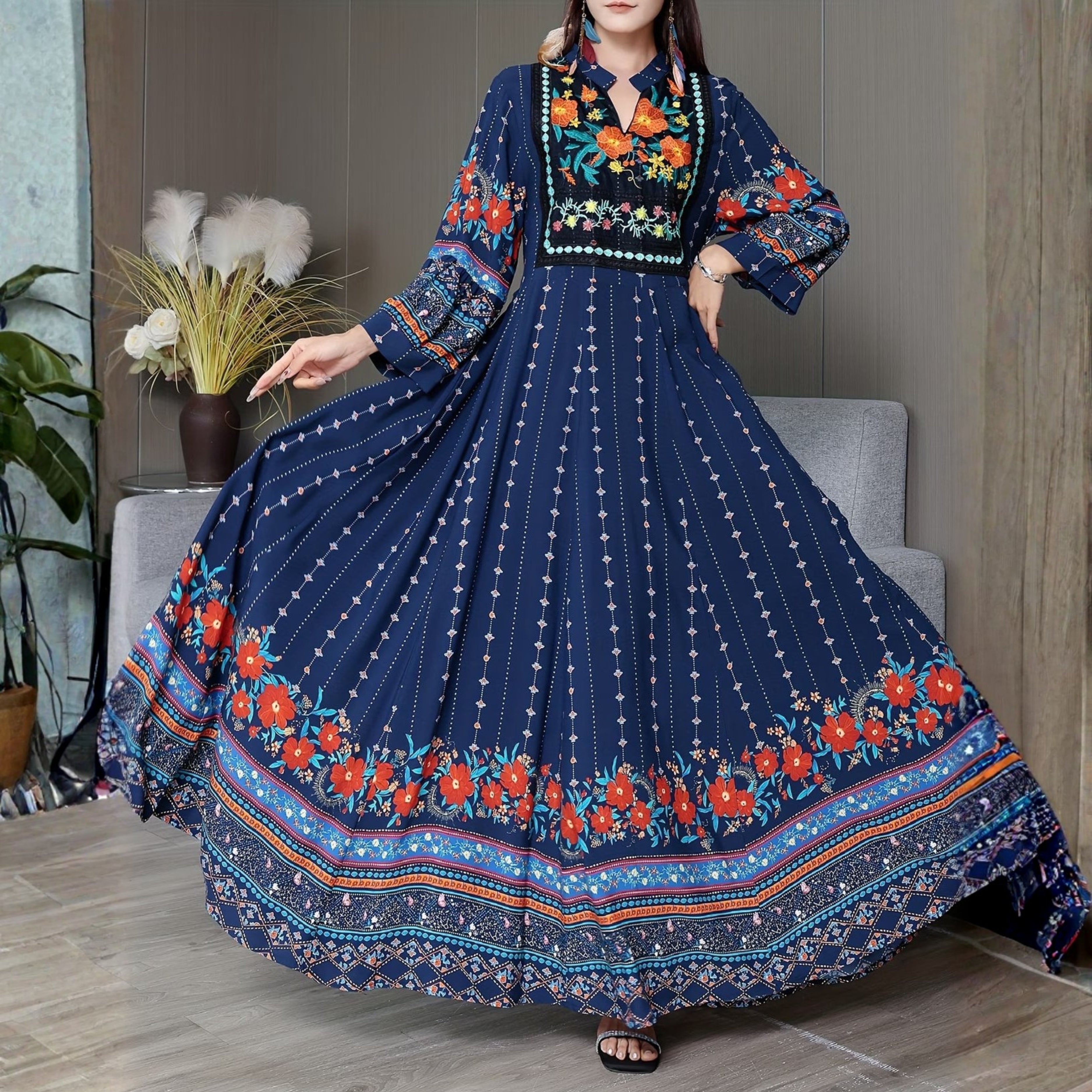 Women's Bohemian Ethnic Print Maxi Dress with Flowing Hem | B-04
