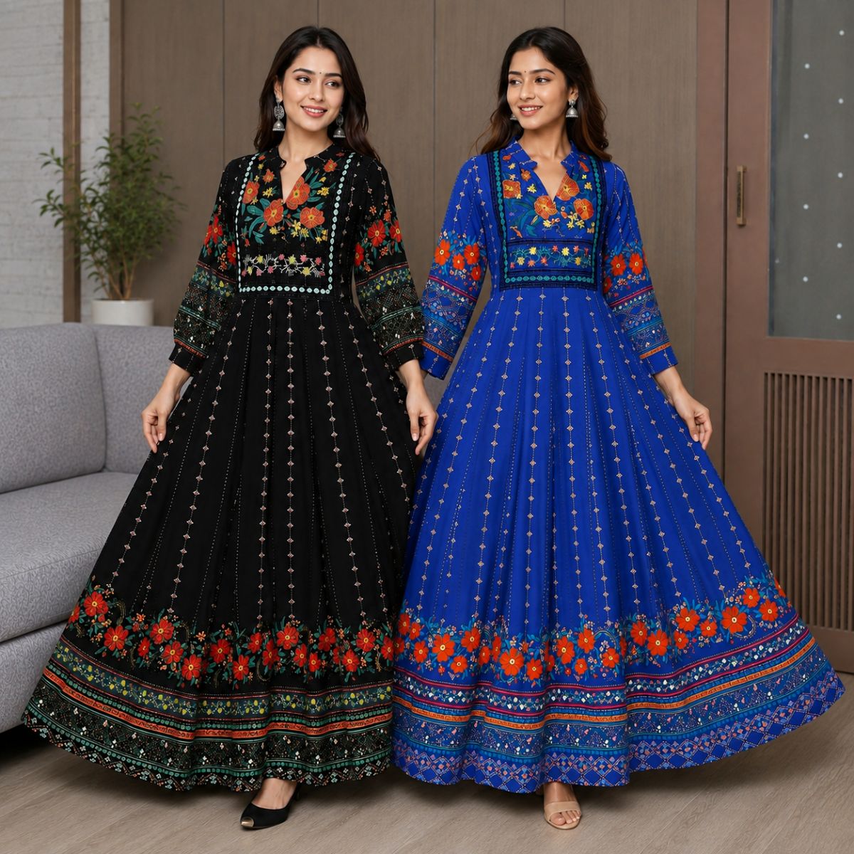 2 Pack Bohemian Ethnic Print Maxi Dress with Flowing Hem | B-12