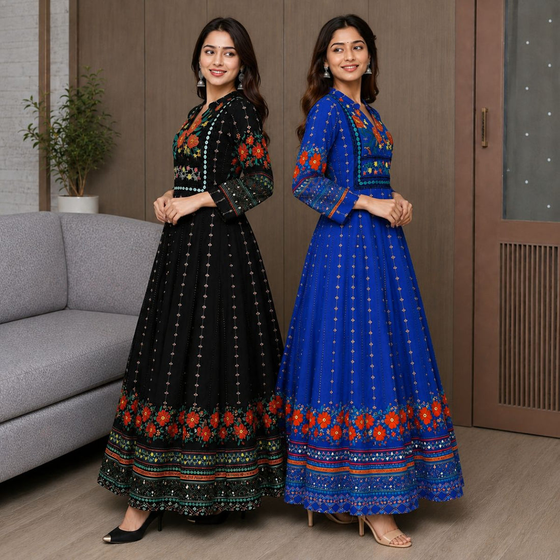 2 Pack Bohemian Ethnic Print Maxi Dress with Flowing Hem | B-12