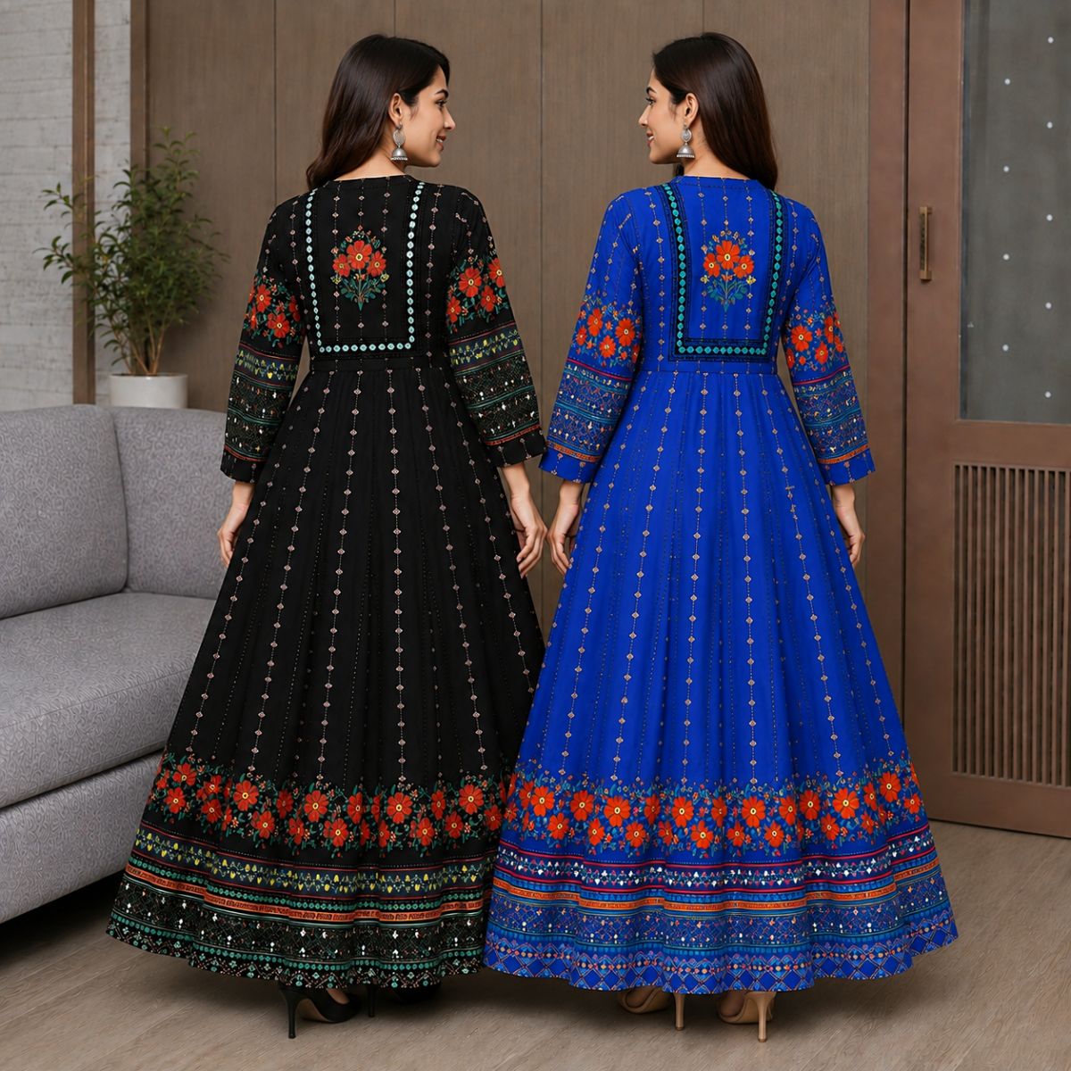 2 Pack Bohemian Ethnic Print Maxi Dress with Flowing Hem | B-12