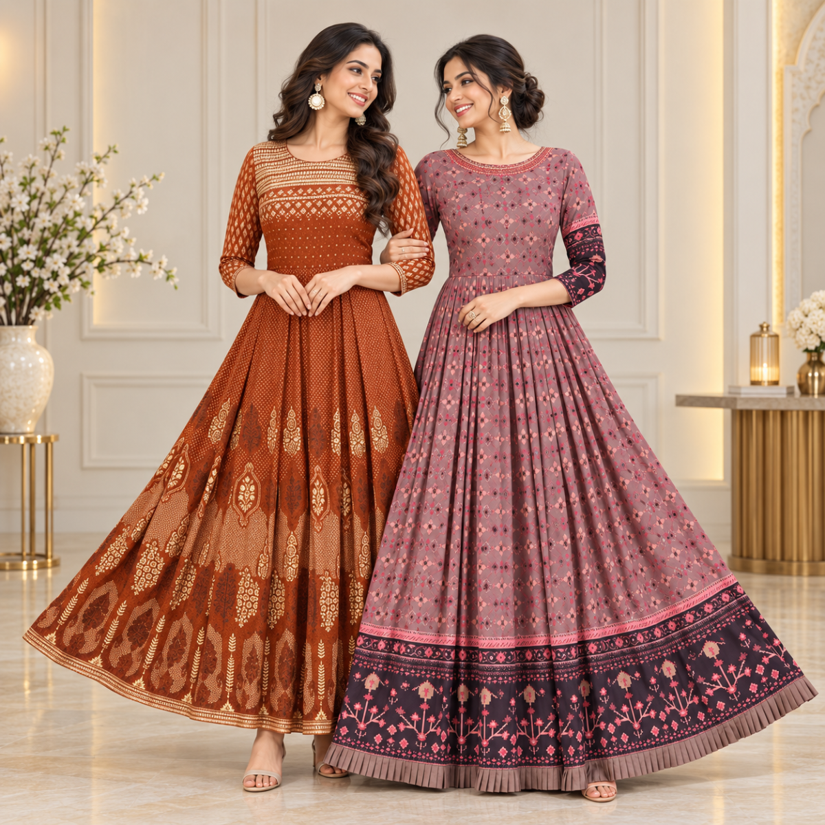 2 Pack Bohemian Ethnic Print Maxi Dress with Flowing Hem | B-19