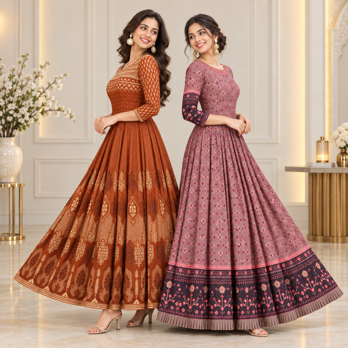 2 Pack Bohemian Ethnic Print Maxi Dress with Flowing Hem | B-19