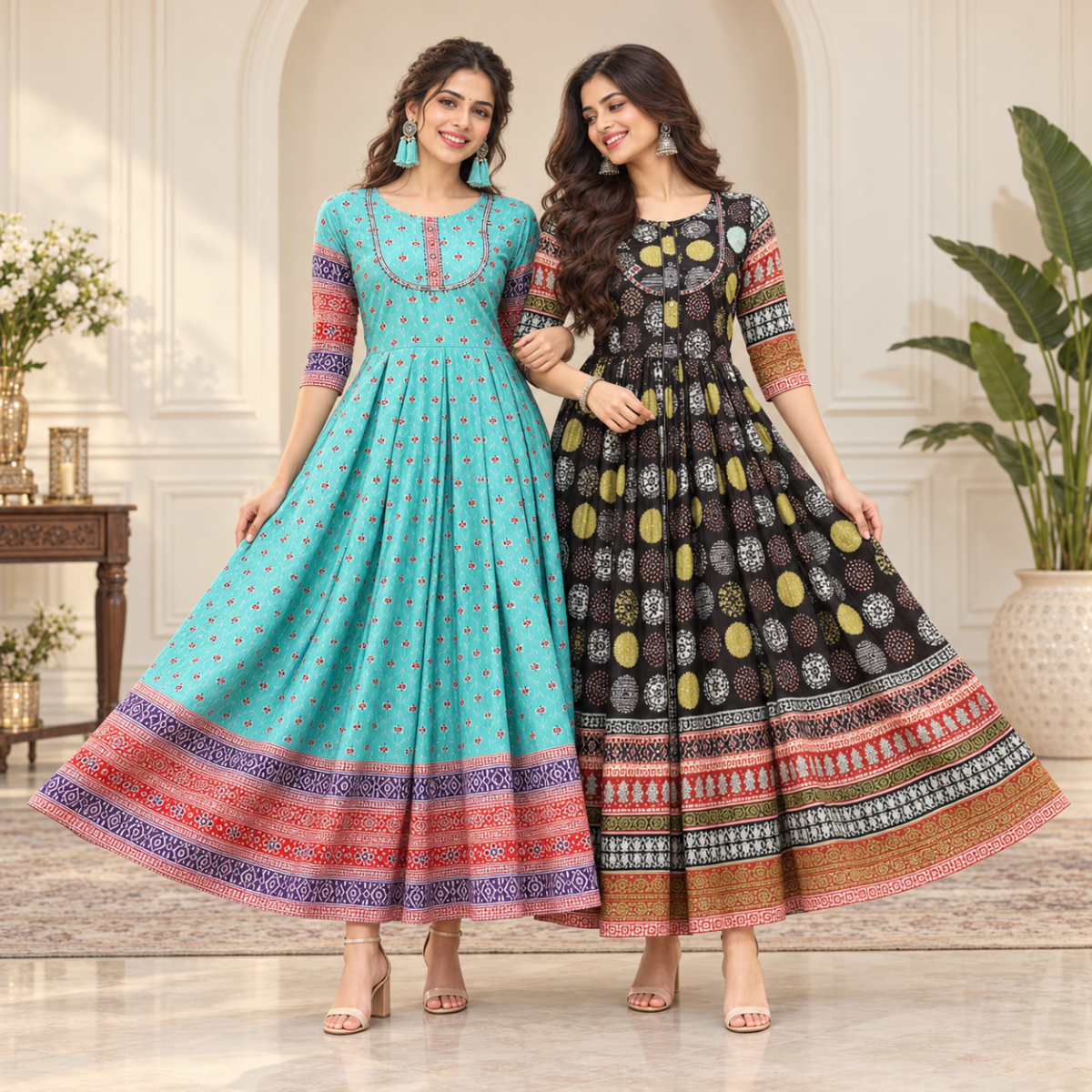 2 Pack Bohemian Ethnic Print Maxi Dress with Flowing Hem | B-20
