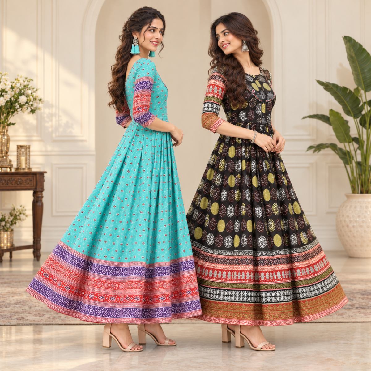 2 Pack Bohemian Ethnic Print Maxi Dress with Flowing Hem | B-20