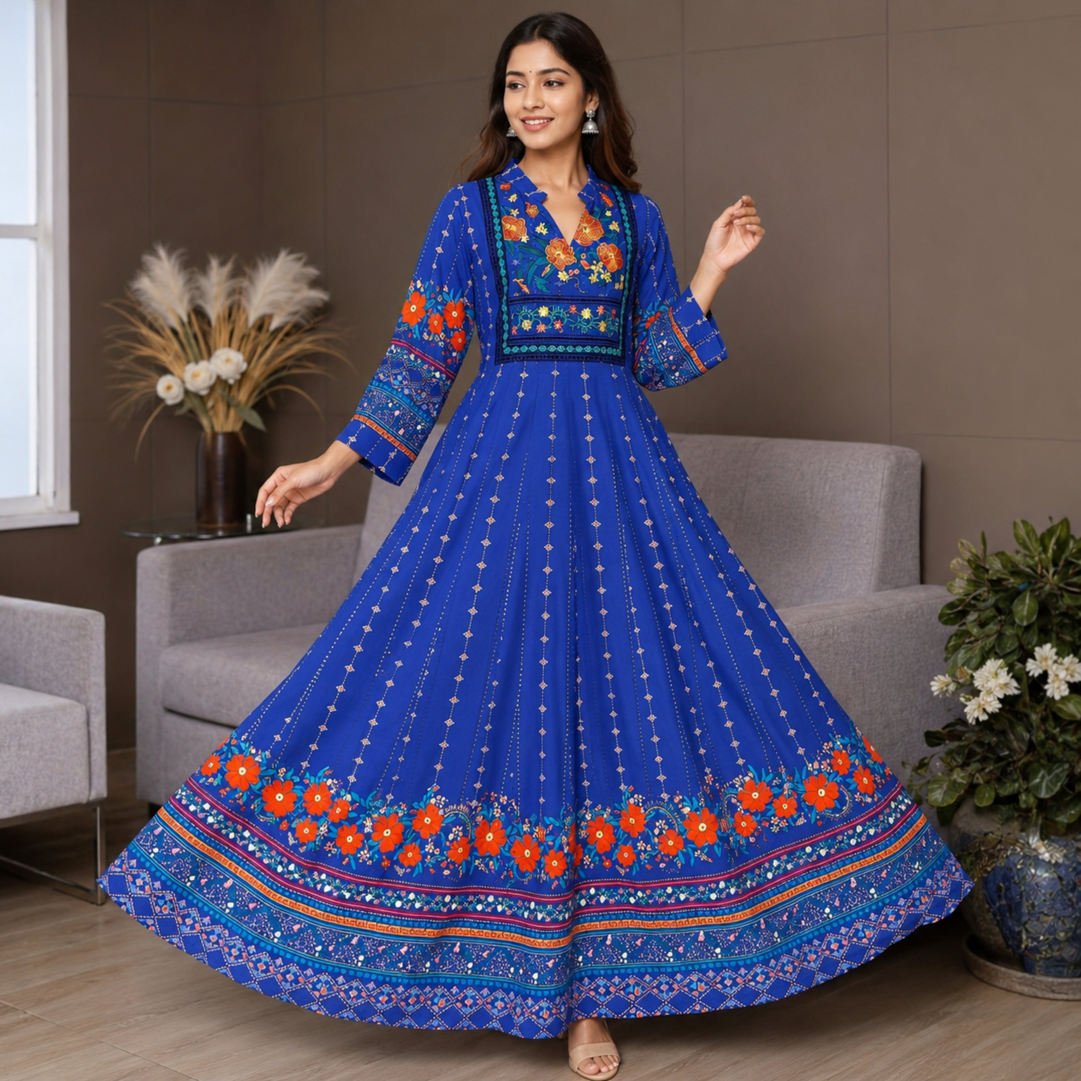 Women's Bohemian Ethnic Print Maxi Dress with Flowing Hem | B-01