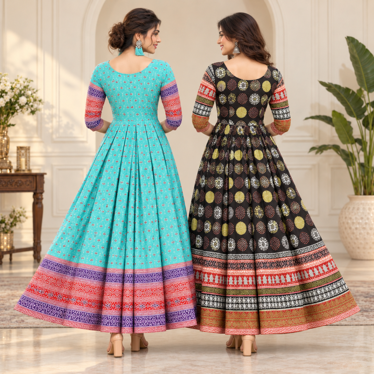 2 Pack Bohemian Ethnic Print Maxi Dress with Flowing Hem | B-20