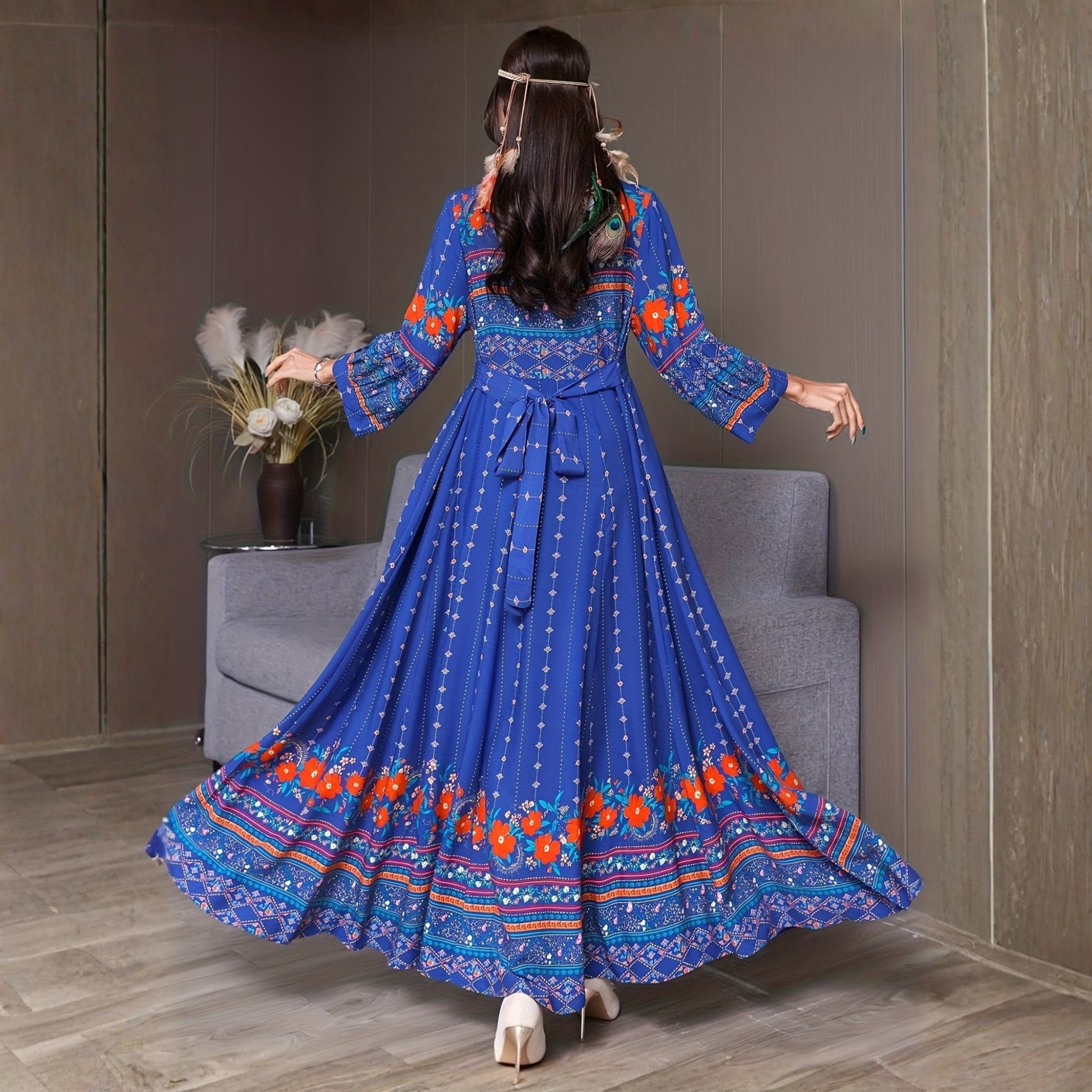 Women's Bohemian Ethnic Print Maxi Dress with Flowing Hem | B-01