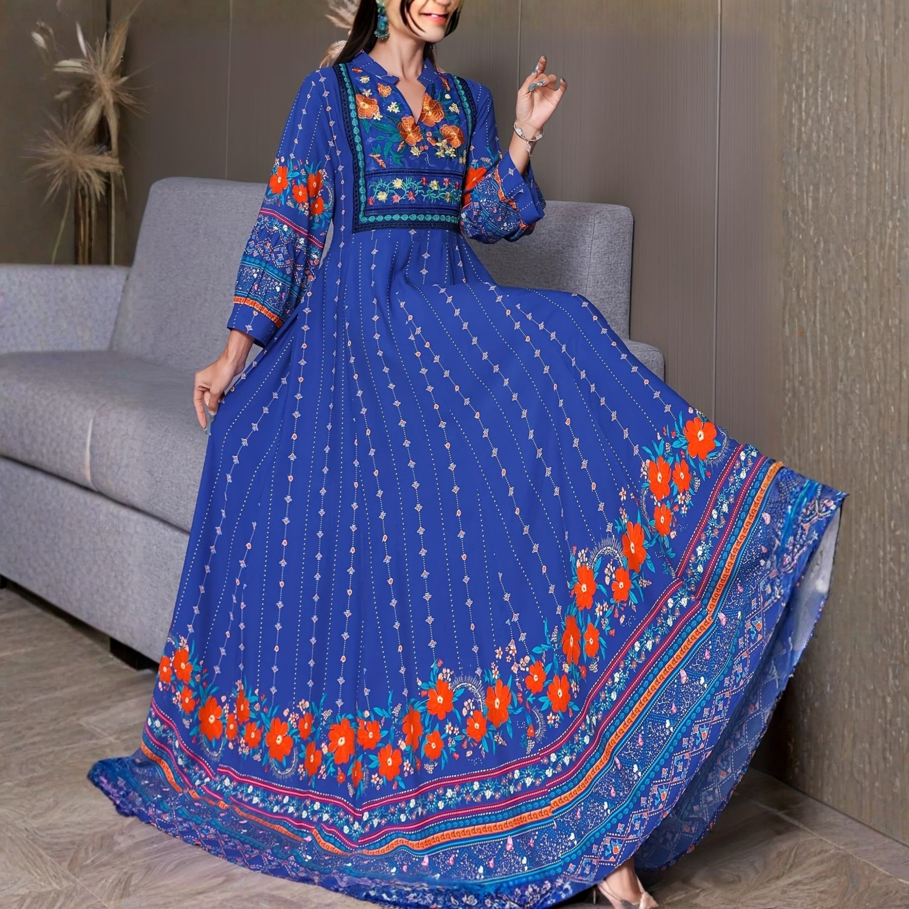 Women's Bohemian Ethnic Print Maxi Dress with Flowing Hem | B-01