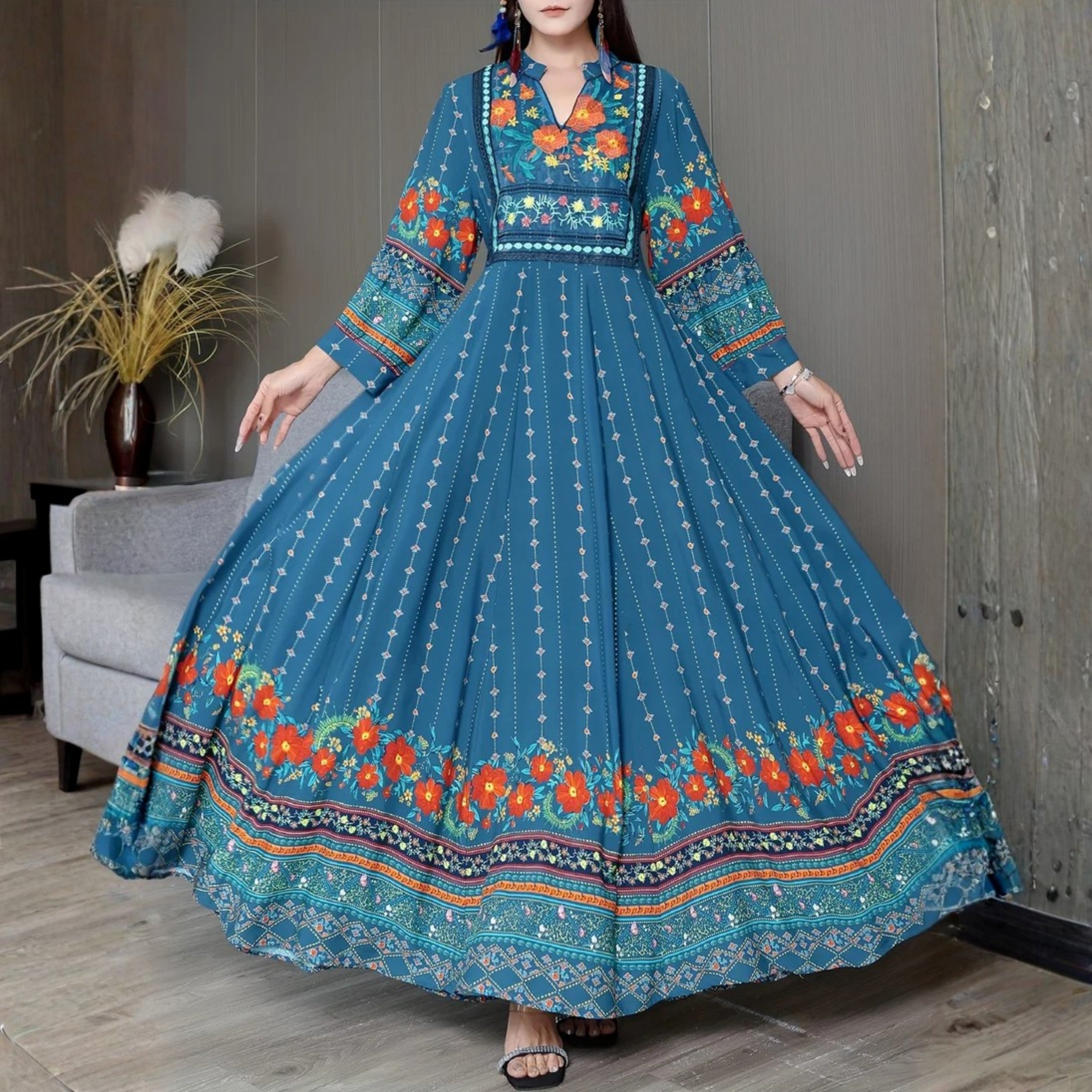 Women's Bohemian Ethnic Print Maxi Dress with Flowing Hem | B-02
