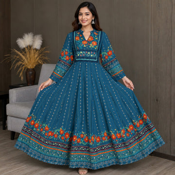 Women's Bohemian Ethnic Print Maxi Dress with Flowing Hem | B-02