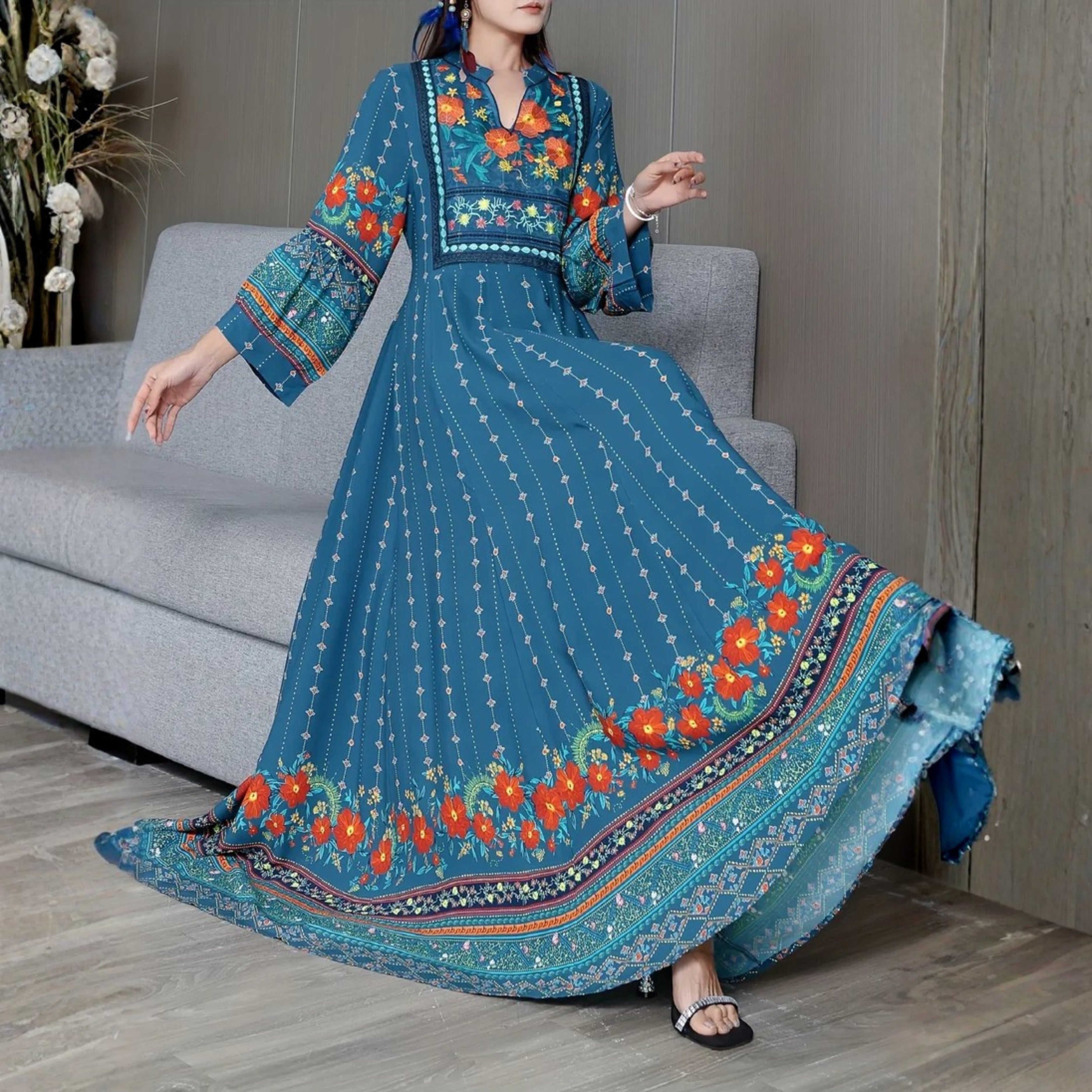 Women's Bohemian Ethnic Print Maxi Dress with Flowing Hem | B-02