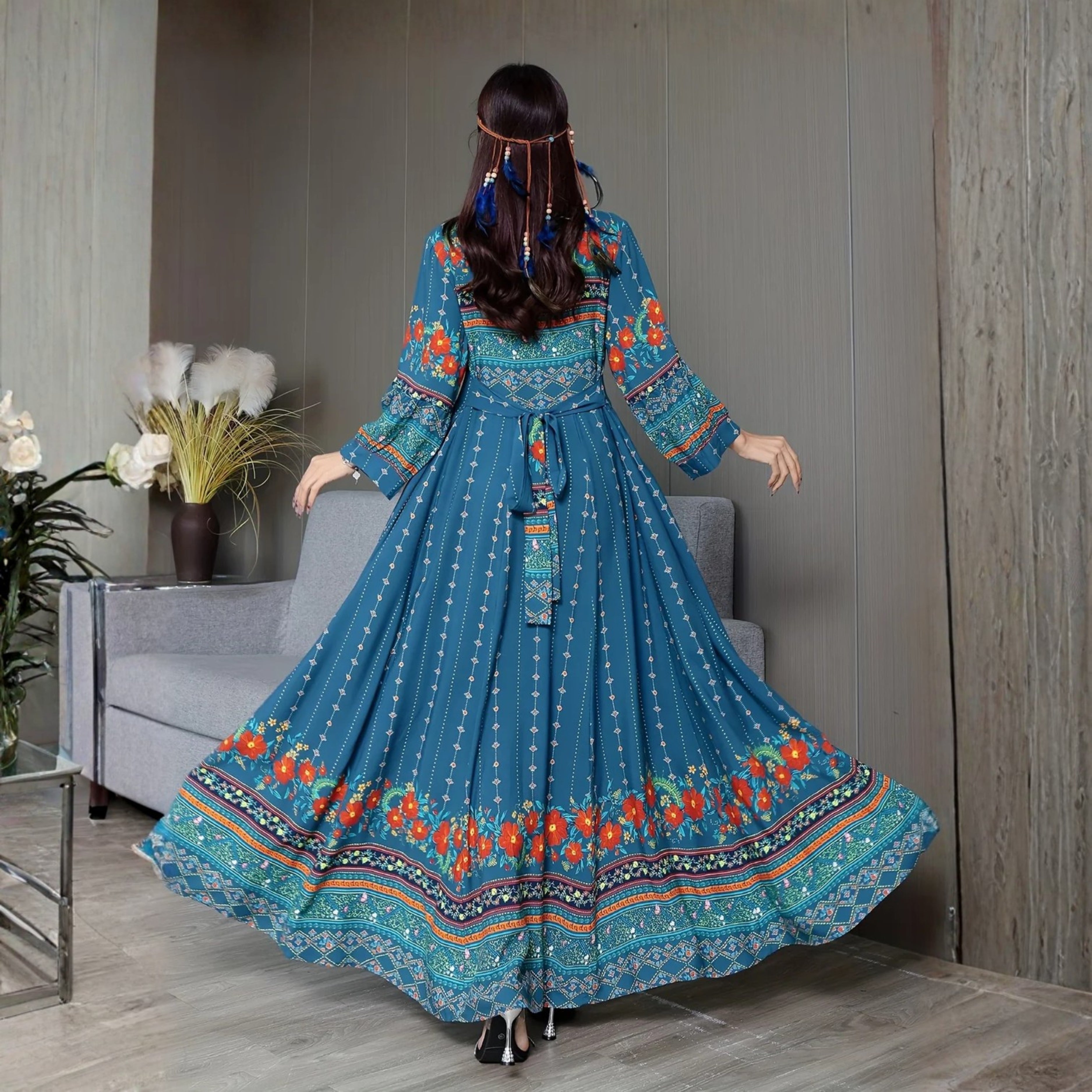 Women's Bohemian Ethnic Print Maxi Dress with Flowing Hem | B-02