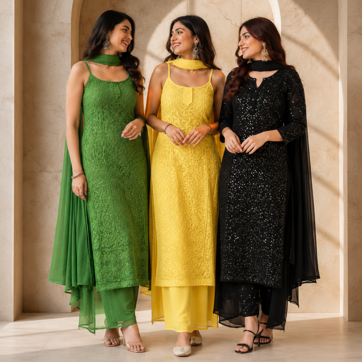 3 Women's Chikankari Kurta Set with Dupatta ( CK3 )